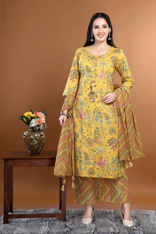 Yellow Colour Cotton Printed Kurta Paired With Pant And Dupatta