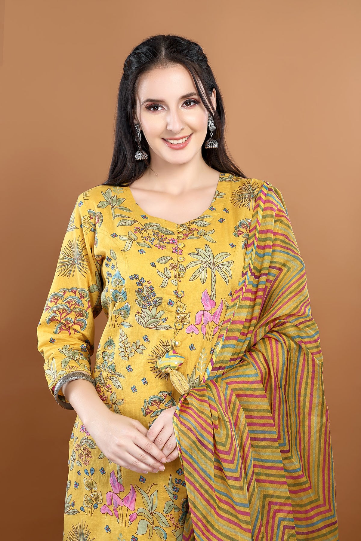 Yellow Colour Cotton Printed Kurta Paired With Pant And Dupatta