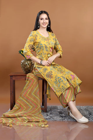 Yellow Colour Cotton Printed Kurta Paired With Pant And Dupatta