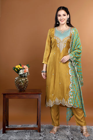 Olive Colour Round Neck Kurta Paired With Pant And Dupatta