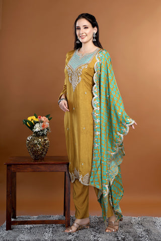 Olive Colour Round Neck Kurta Paired With Pant And Dupatta