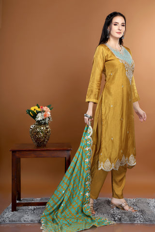 Olive Colour Round Neck Kurta Paired With Pant And Dupatta