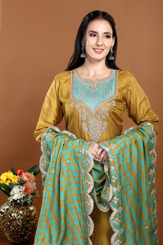 Olive Colour Round Neck Kurta Paired With Pant And Dupatta