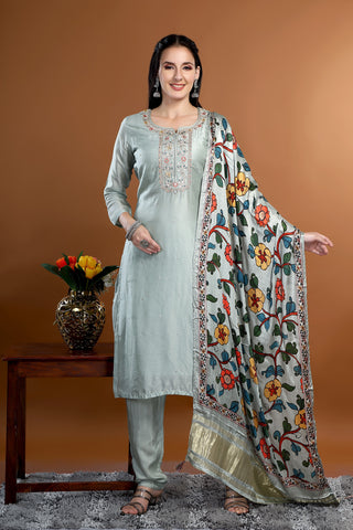 Pastel Green Colour Plain Kurta Paired with Pant And Dupatta