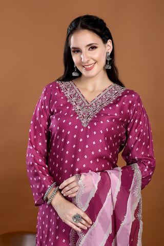 Orchid Colour Bandhani Printed Kurta Paired With Pant And Dupatta