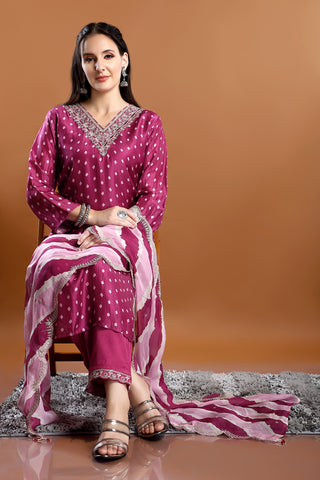 Orchid Colour Bandhani Printed Kurta Paired With Pant And Dupatta