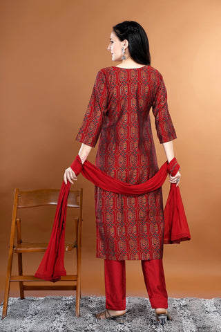 Maroon Colour Printed Kurta Paired With Pant And Dupatta