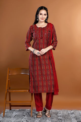 Maroon Colour Printed Kurta Paired With Pant And Dupatta