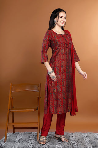 Maroon Colour Printed Kurta Paired With Pant And Dupatta