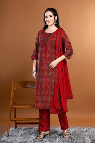 Maroon Colour Printed Kurta Paired With Pant And Dupatta