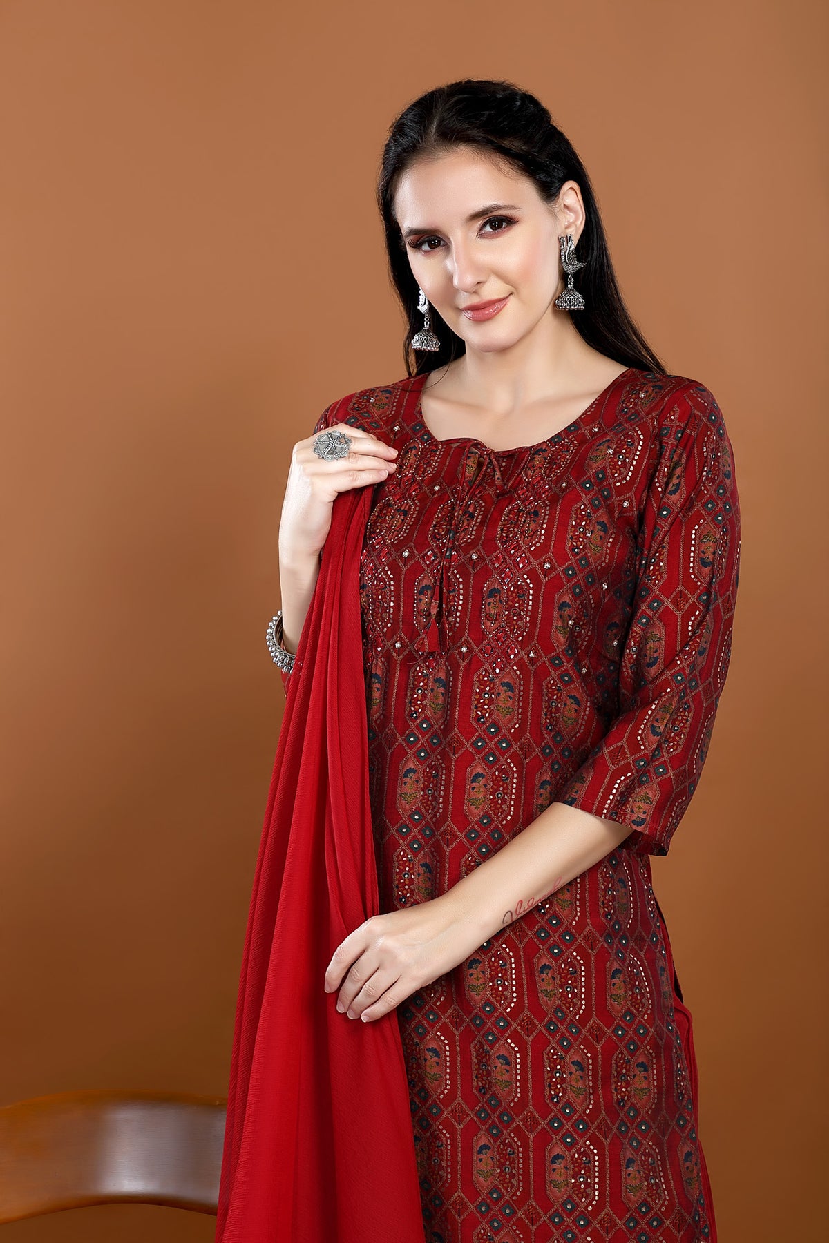 Maroon Colour Printed Kurta Paired With Pant And Dupatta