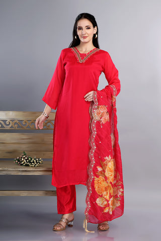 Pink Colour Plain Kurta With Hand Work V Neckline Paired with Pant and Dupatta