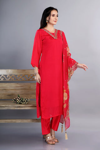 Pink Colour Plain Kurta With Hand Work V Neckline Paired with Pant and Dupatta