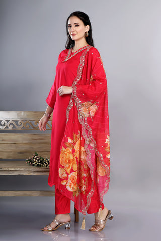 Pink Colour Plain Kurta With Hand Work V Neckline Paired with Pant and Dupatta