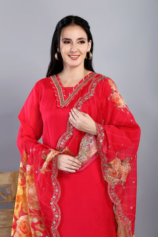 Pink Colour Plain Kurta With Hand Work V Neckline Paired with Pant and Dupatta