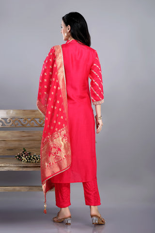 Pink Colour Banarasi Kurta Paired With Pant And Dupatta