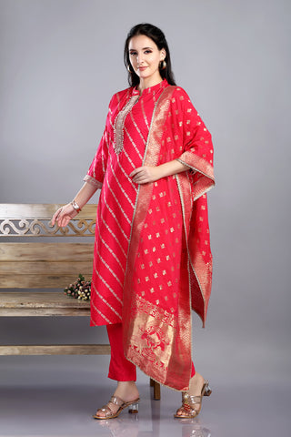 Pink Colour Banarasi Kurta Paired With Pant And Dupatta