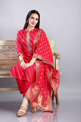 Pink Colour Banarasi Kurta Paired With Pant And Dupatta