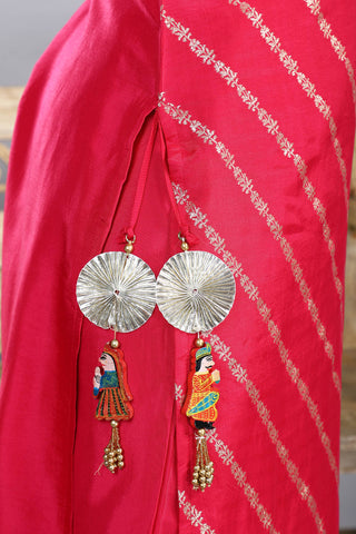 Pink Colour Banarasi Kurta Paired With Pant And Dupatta