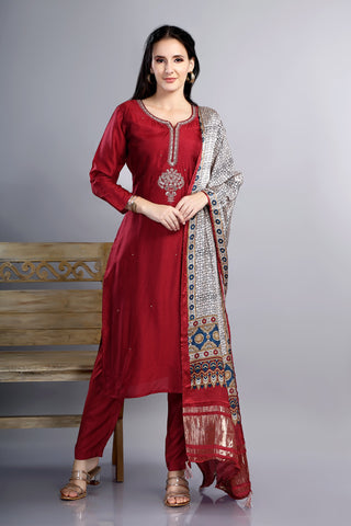 Maroon Colour Kurta Paired With Pant And Dupatta