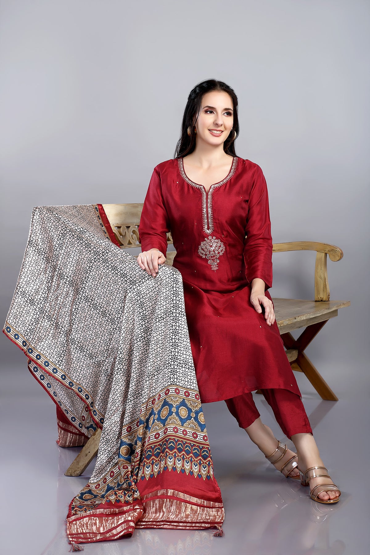 Maroon Colour Kurta Paired With Pant And Dupatta