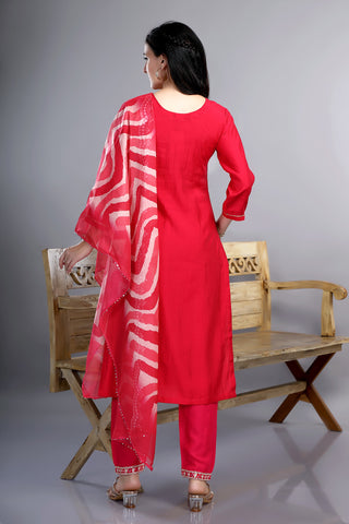 Red Colour Kurta With Handwork Neckline Paired With Pant And Dupatta