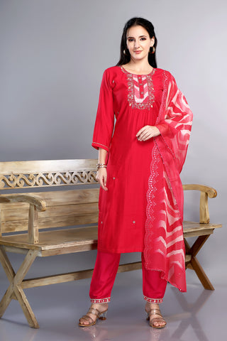 Red Colour Kurta With Handwork Neckline Paired With Pant And Dupatta