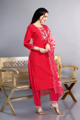 Red Colour Kurta With Handwork Neckline Paired With Pant And Dupatta