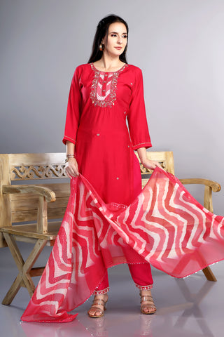 Red Colour Kurta With Handwork Neckline Paired With Pant And Dupatta