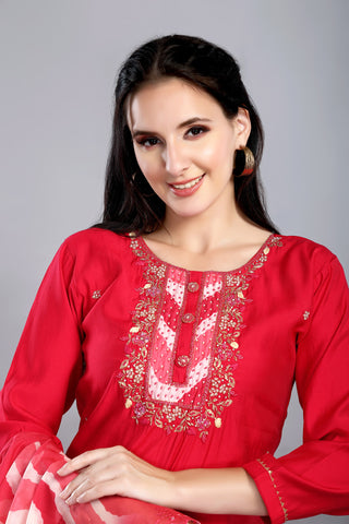 Red Colour Kurta With Handwork Neckline Paired With Pant And Dupatta