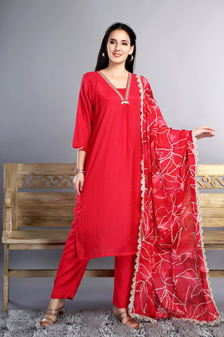 Dark Pink Plain Kurta Paired With Pant And Dupatta