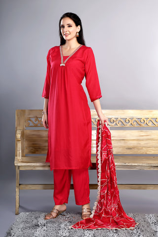 Dark Pink Plain Kurta Paired With Pant And Dupatta