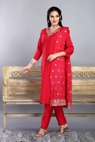 Pink Colour V Neck Kurta Paired With Pant And Dupatta